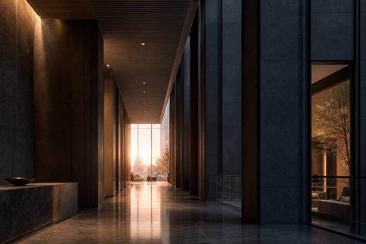 A long, quiet lobby corridor at sunset
