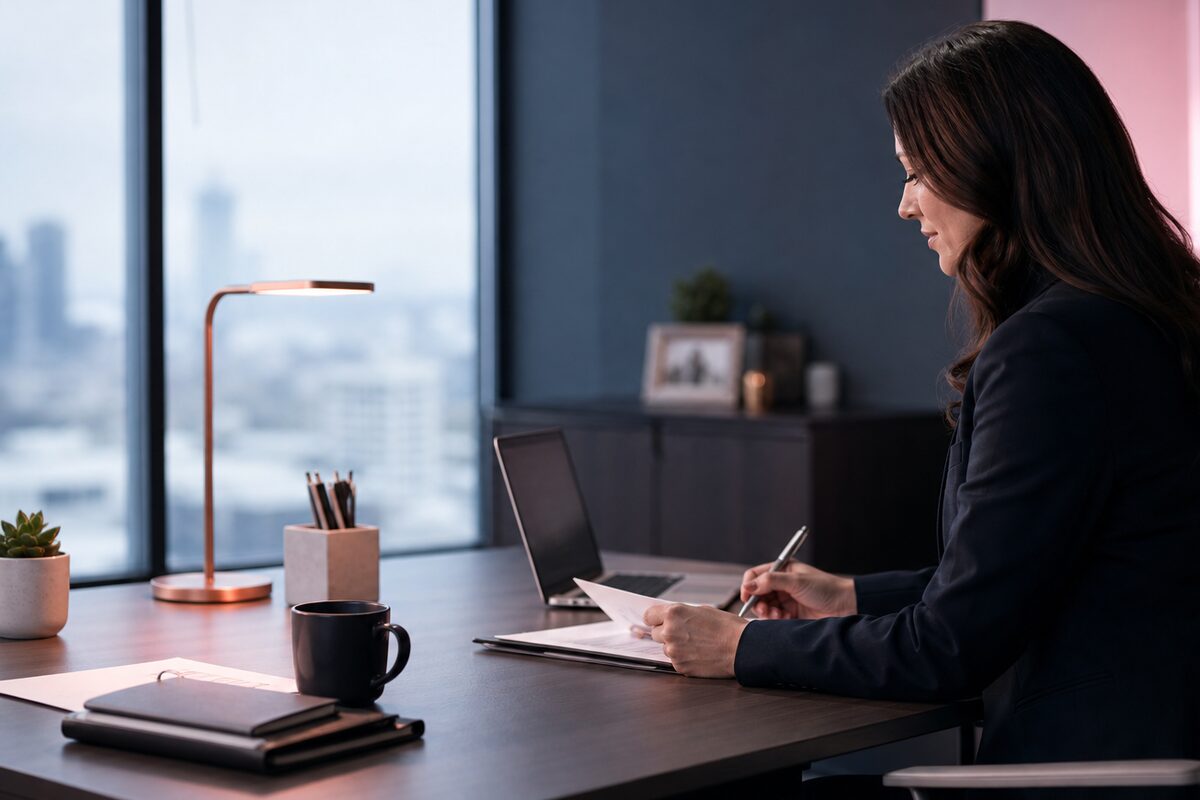 An agent reviewing paperwork at a desk beside a laptop