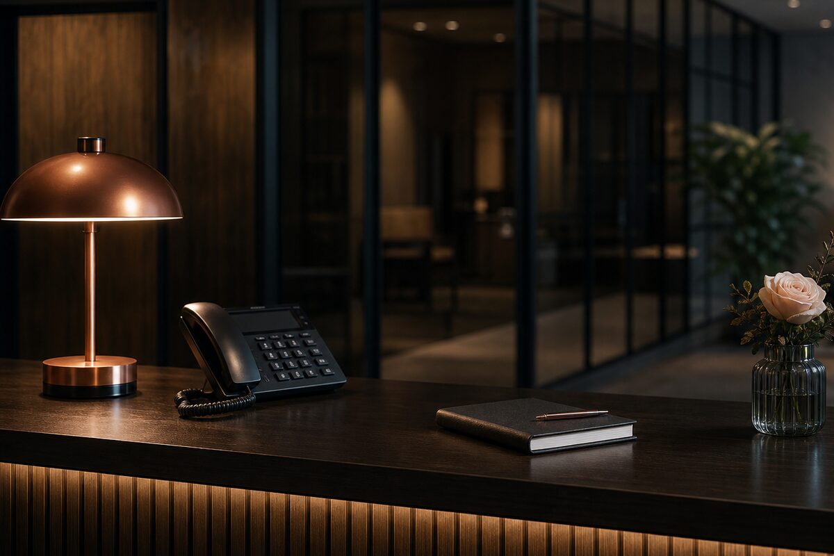 An account specialist at a desk in a dark office