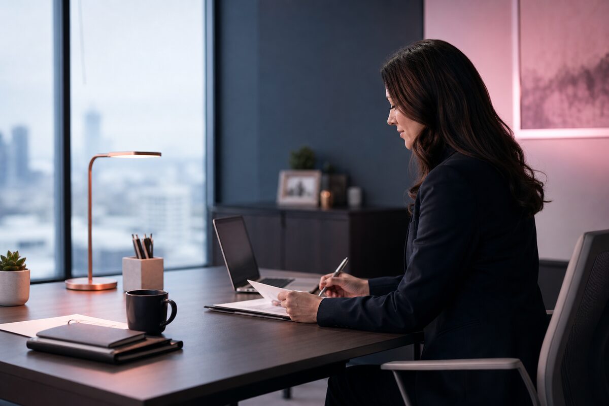 An agent working leads at a desk beside a window at dusk