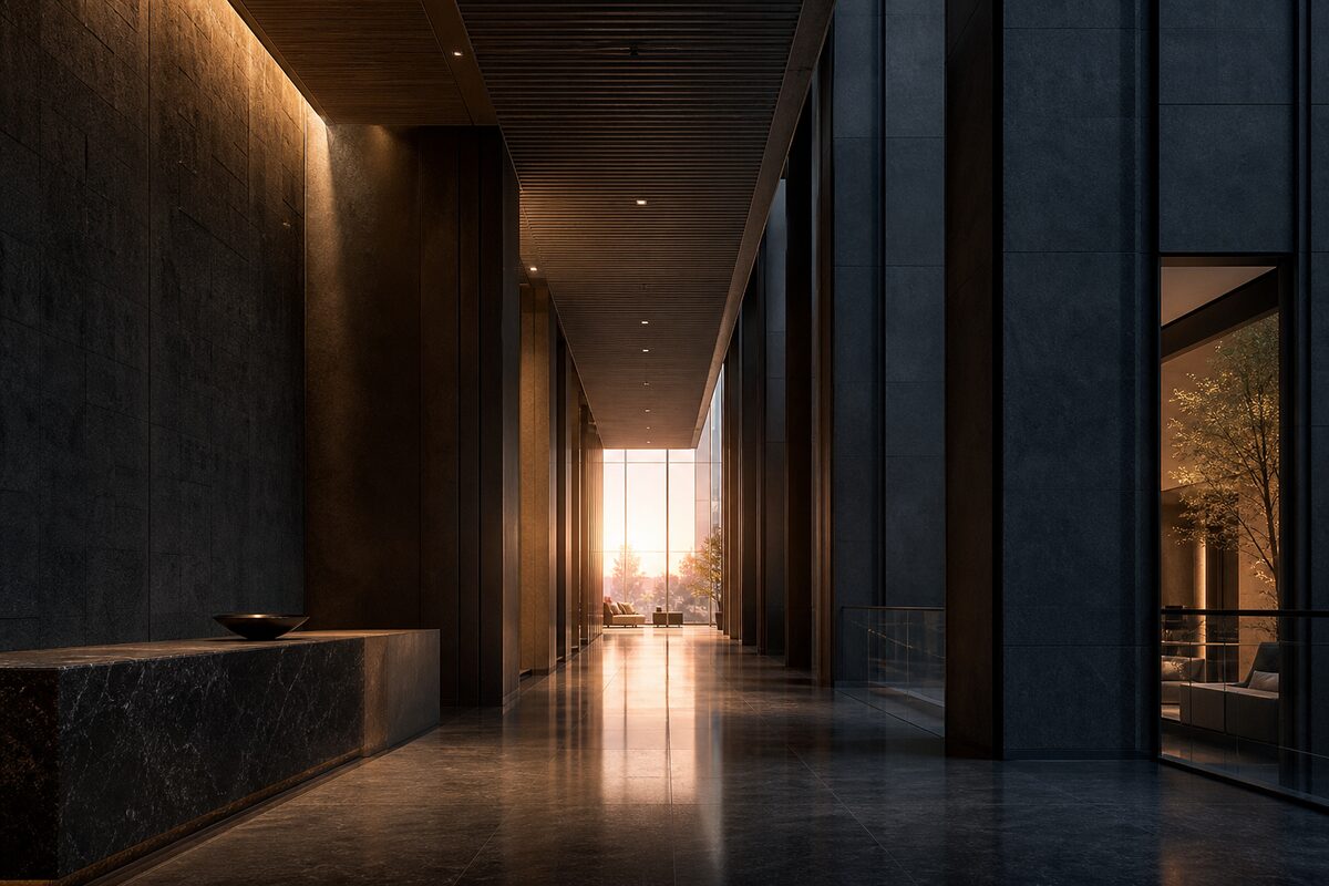A quiet stone corridor lit by low evening sun