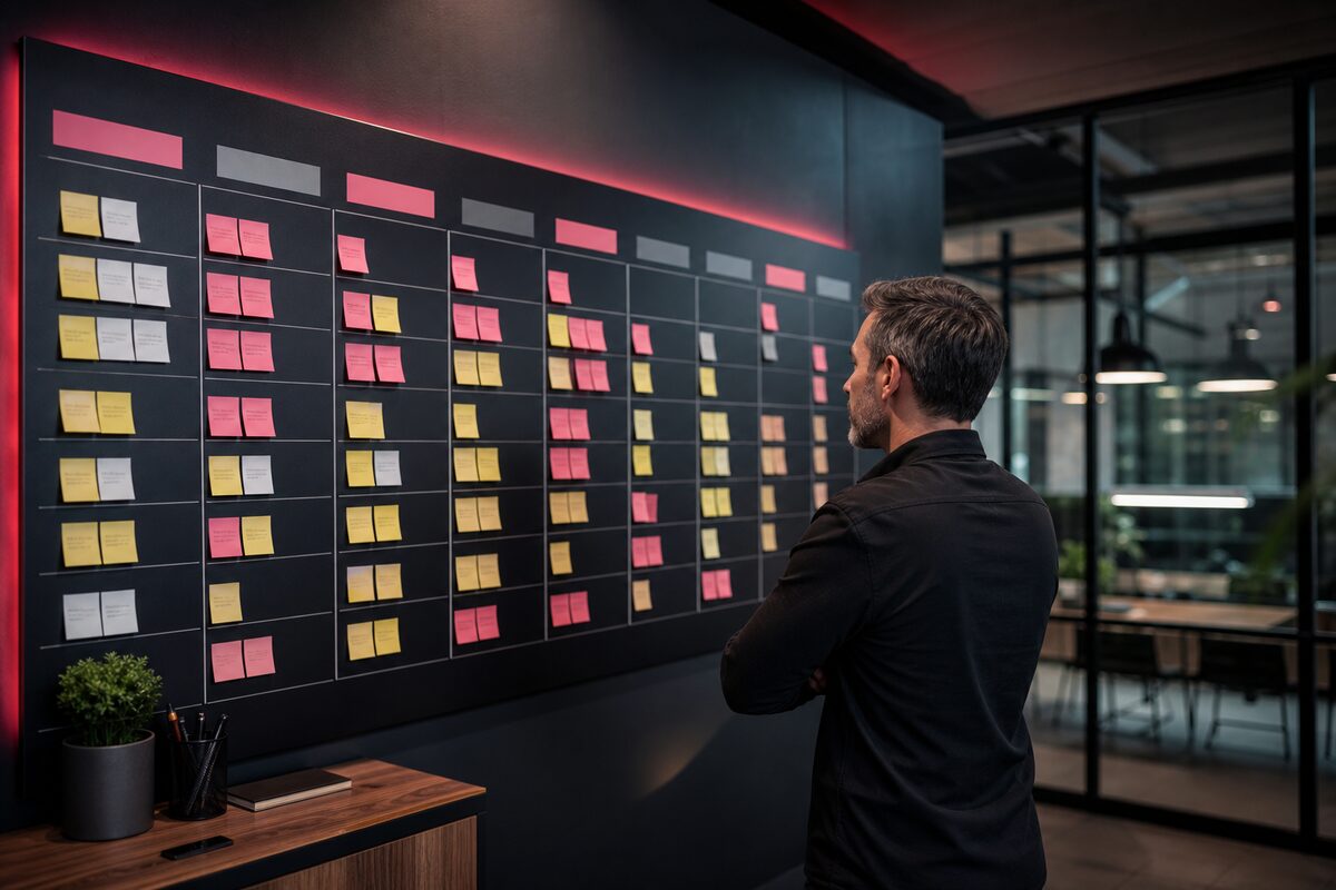 A planner reviewing a wall of campaign cards under rose light