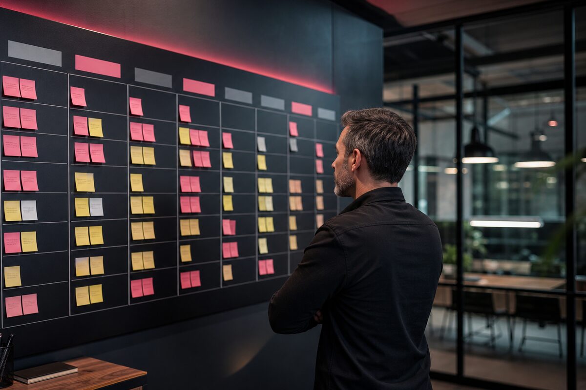 A strategist reviewing a campaign planning board in a dark office