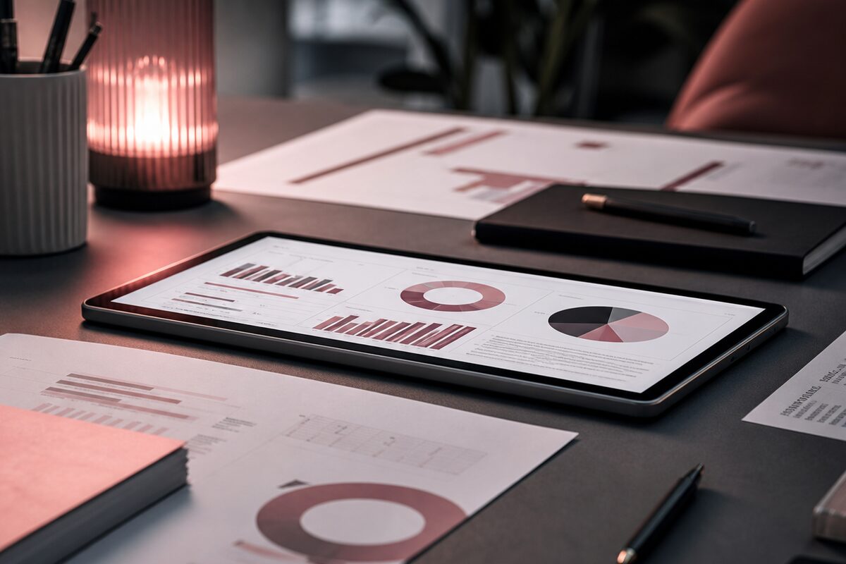 A tablet showing campaign charts beside printed reports on a dark desk