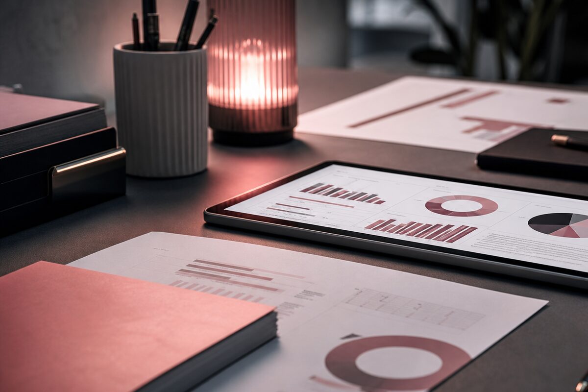 Printed performance reports and a tablet of charts on a dark desk