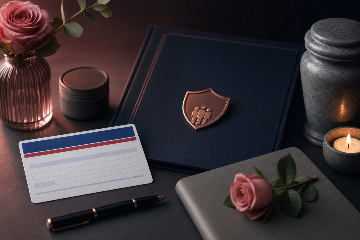 A Medicare card and a navy policy folder on a dark desk beside a pink rose