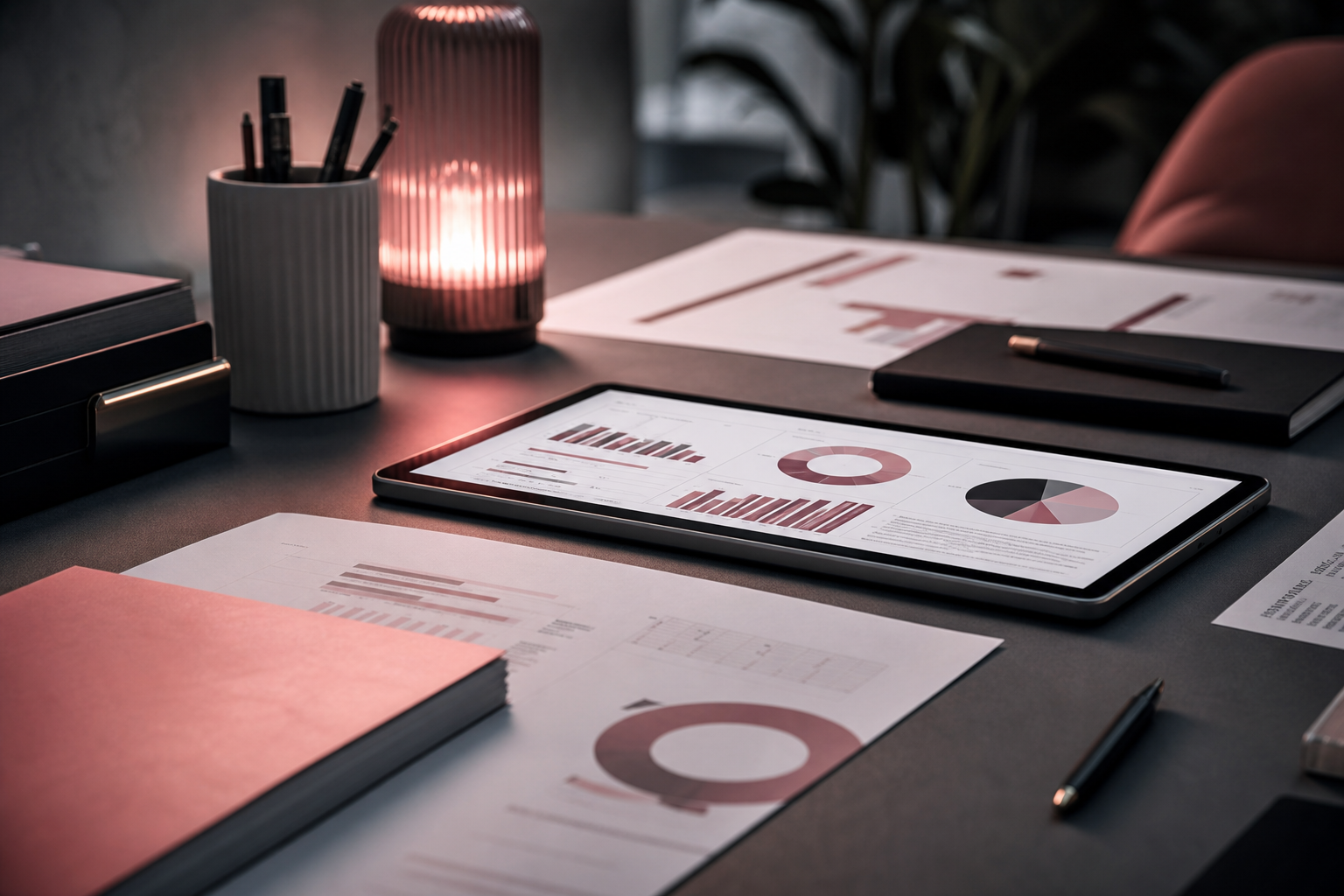 Focused marketing operations desk with campaign materials and warm rose light