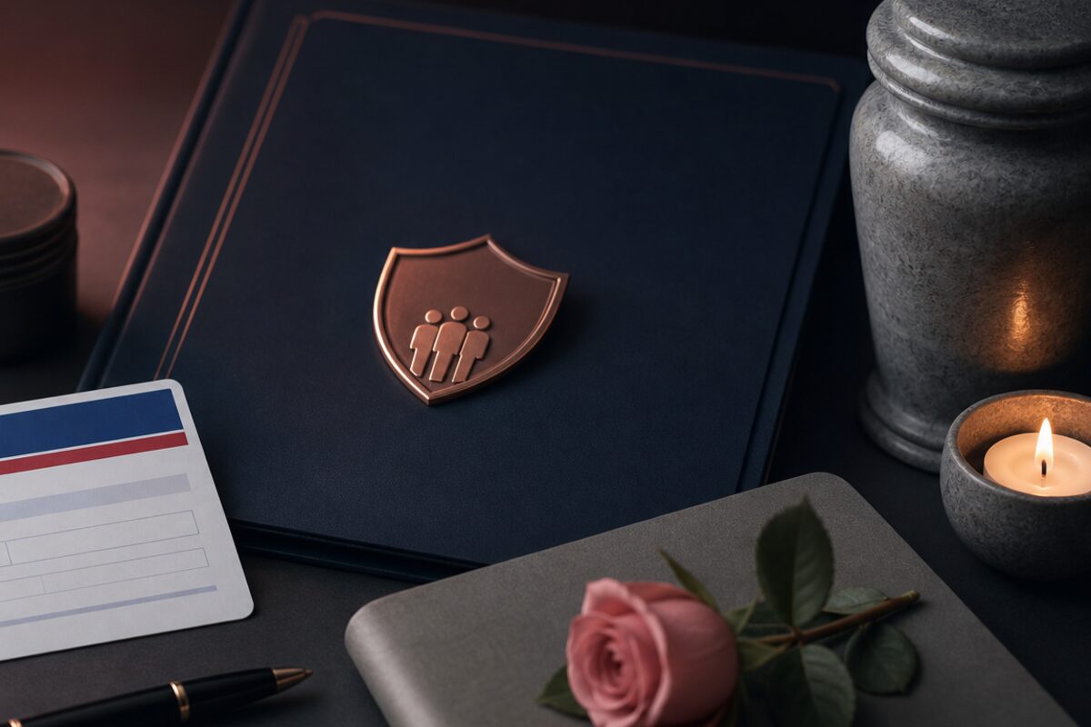 A copper family emblem on a navy policy folder beside a lit candle